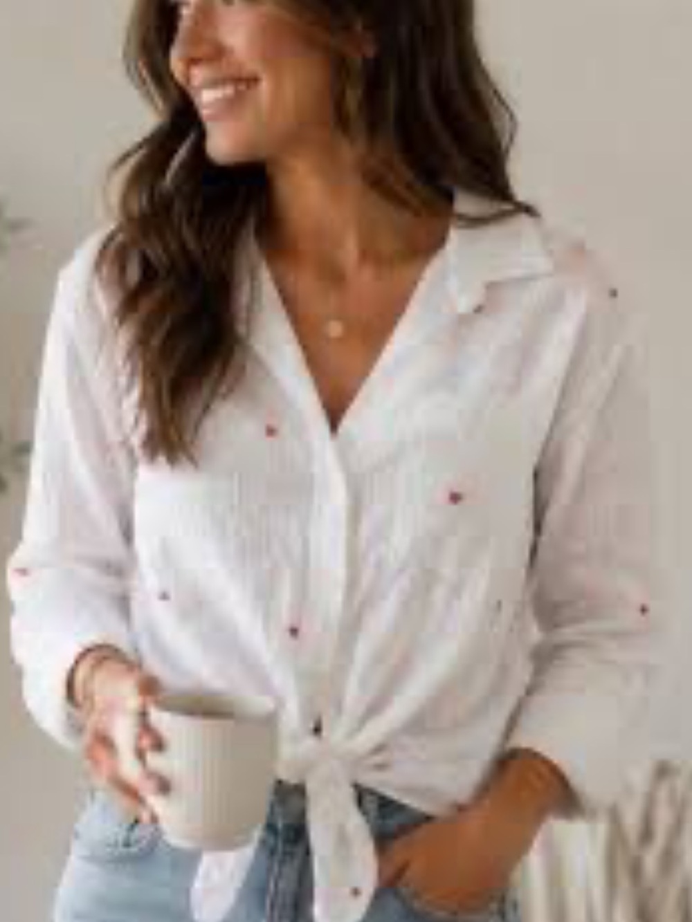 beachlunchlounge Devon Heart Embroidered Cotton Tie Front Shirt Love Song Sz L